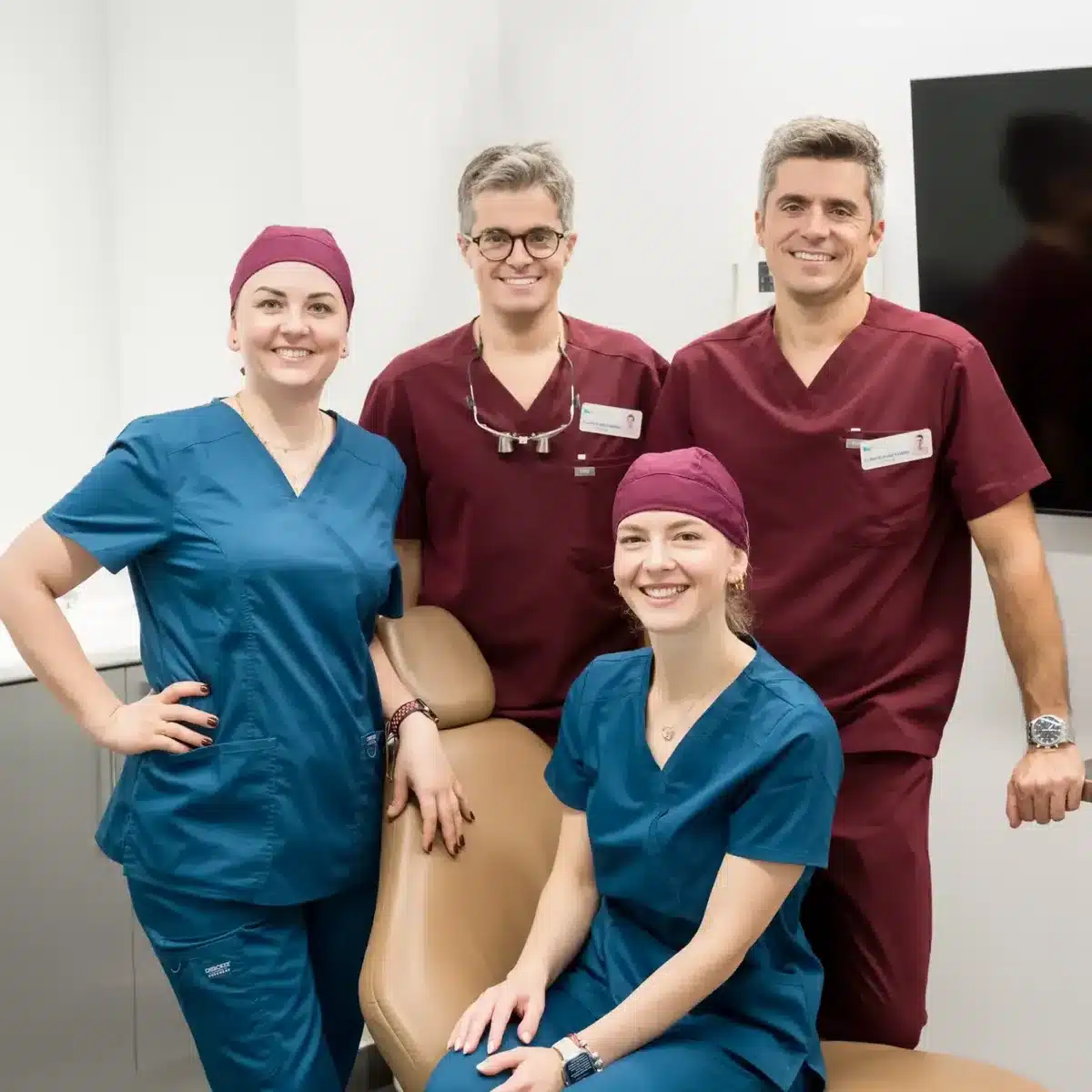 Equipo de la Clínica Dental Ruiz de Gopegui en Madrid junto al sillón dental